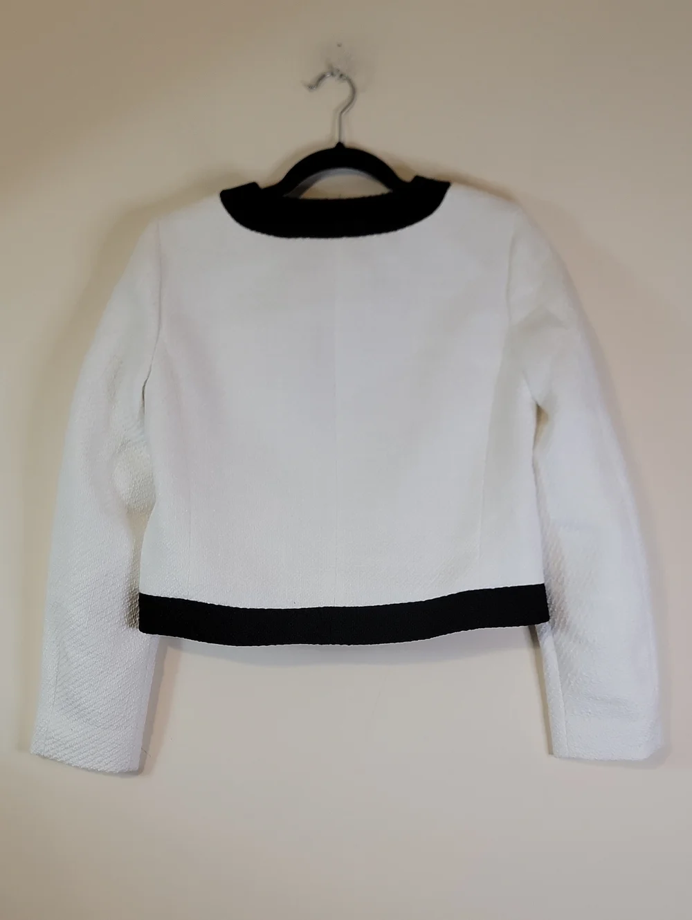 J. Crew White Bouclé Jacket with Black Trim and Gold Buttons